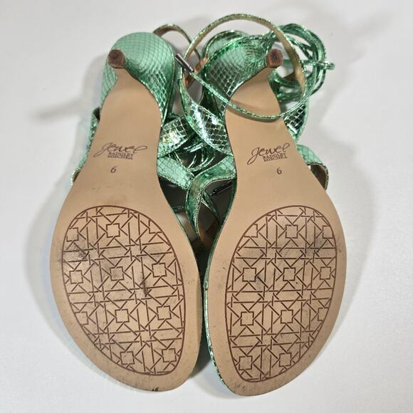 L Jewel Badgley Mischka Nolin Metallic Green Ankle Wrap Thong Sandals Heels Sz 6 - Picture 9 of 10